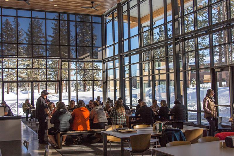 students sitting together at a table surrounded by windows